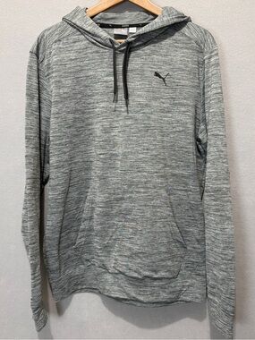 PUMA Men’s Hoodie M Light Gray Logo Pullover Front Pocket Sweatshirt Sports
